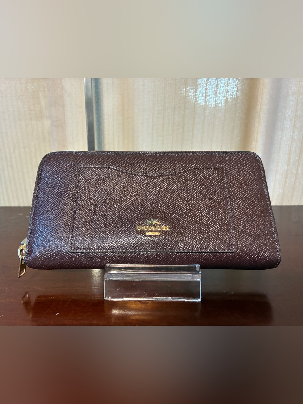 Coach Maroon Textured Leather Zip Wallet with Gold Logo